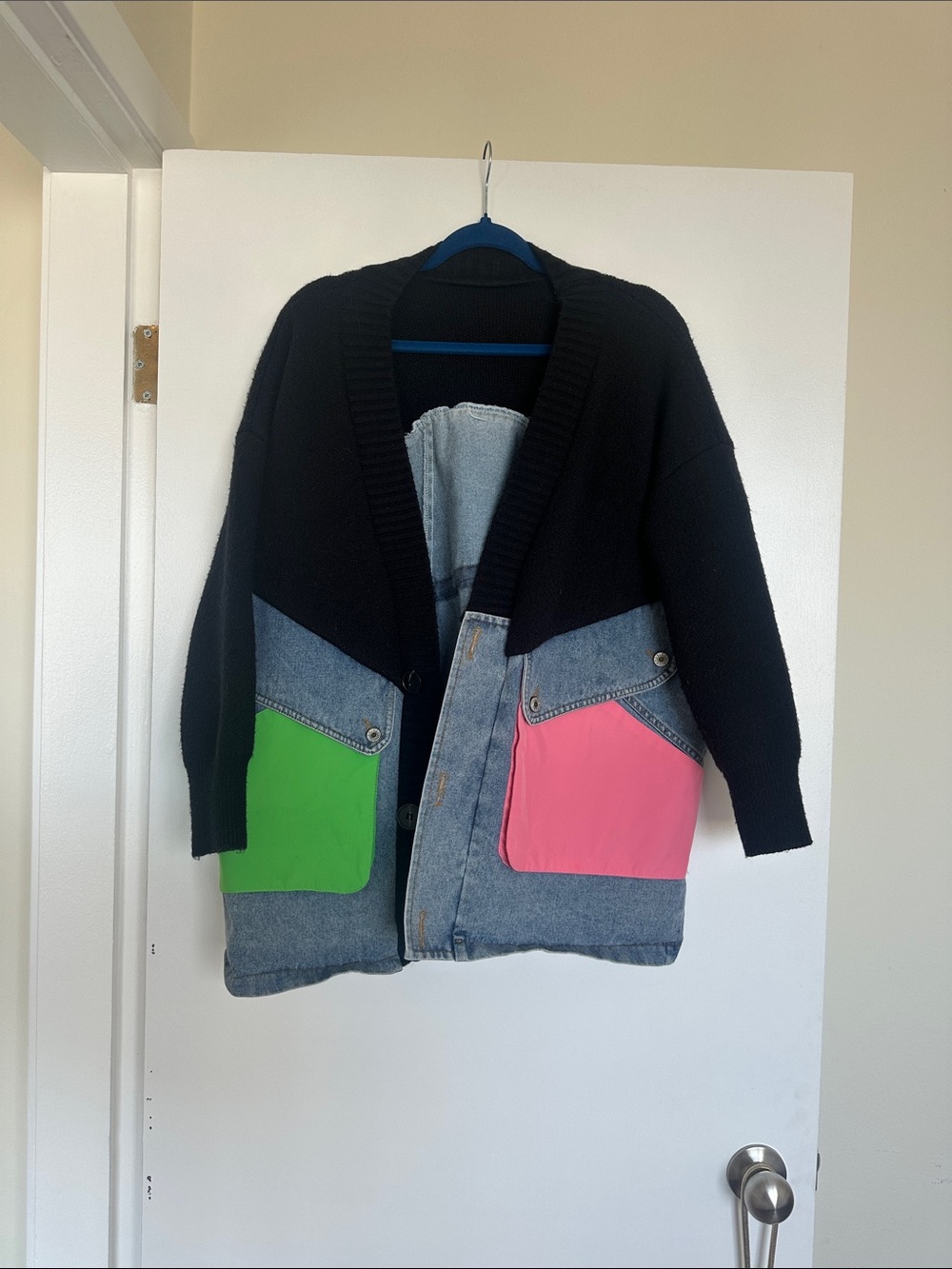 Kids Colorblock Denim & Knit Jacket with Pink and Green Pockets